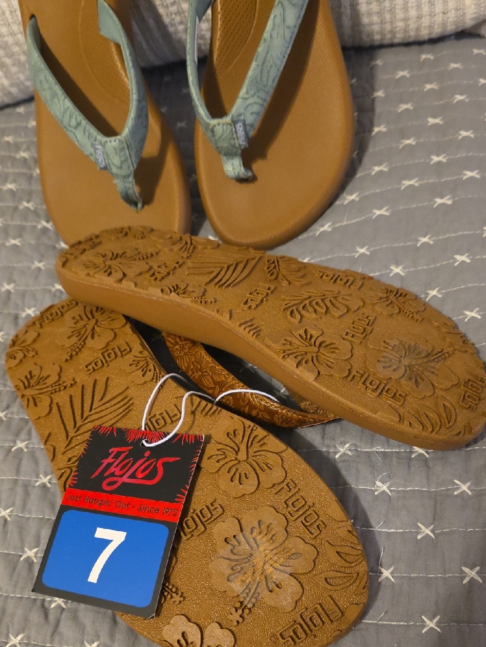 Flojos Reef-Style Tan Footbed Flip Flops with Brown & Sage Straps - Picture 4 of 5